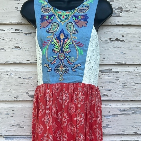 Flying Tomato Embroidered Mixed Media Summer BoHo Beachy Festival Maxi Dress L - Picture 2 of 5